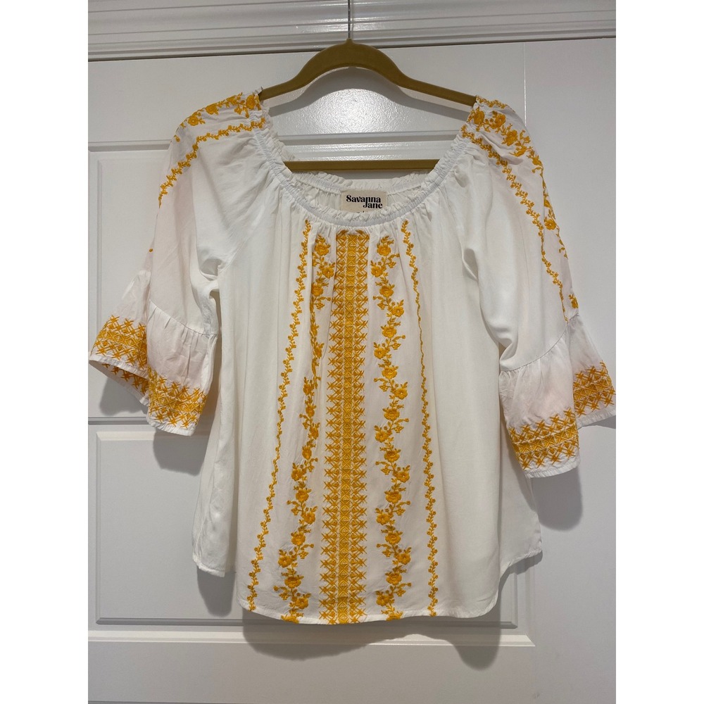 Savanna Jane White Peasant Top with Yellow Embroidery